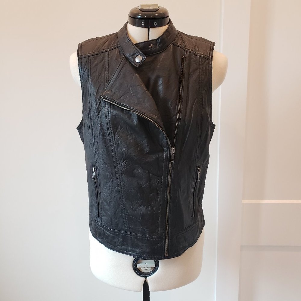 Halogen Leather Vest Asymmetrical Zip Front Black Size Small